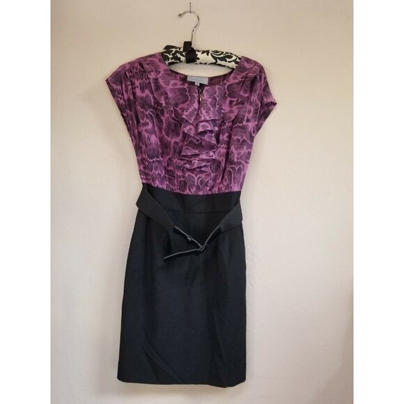 Classiques Entier Womens Ruffle Belted Sheath Dress Size 6 Pink Black Cap Sleeve - Picture 1 of 8